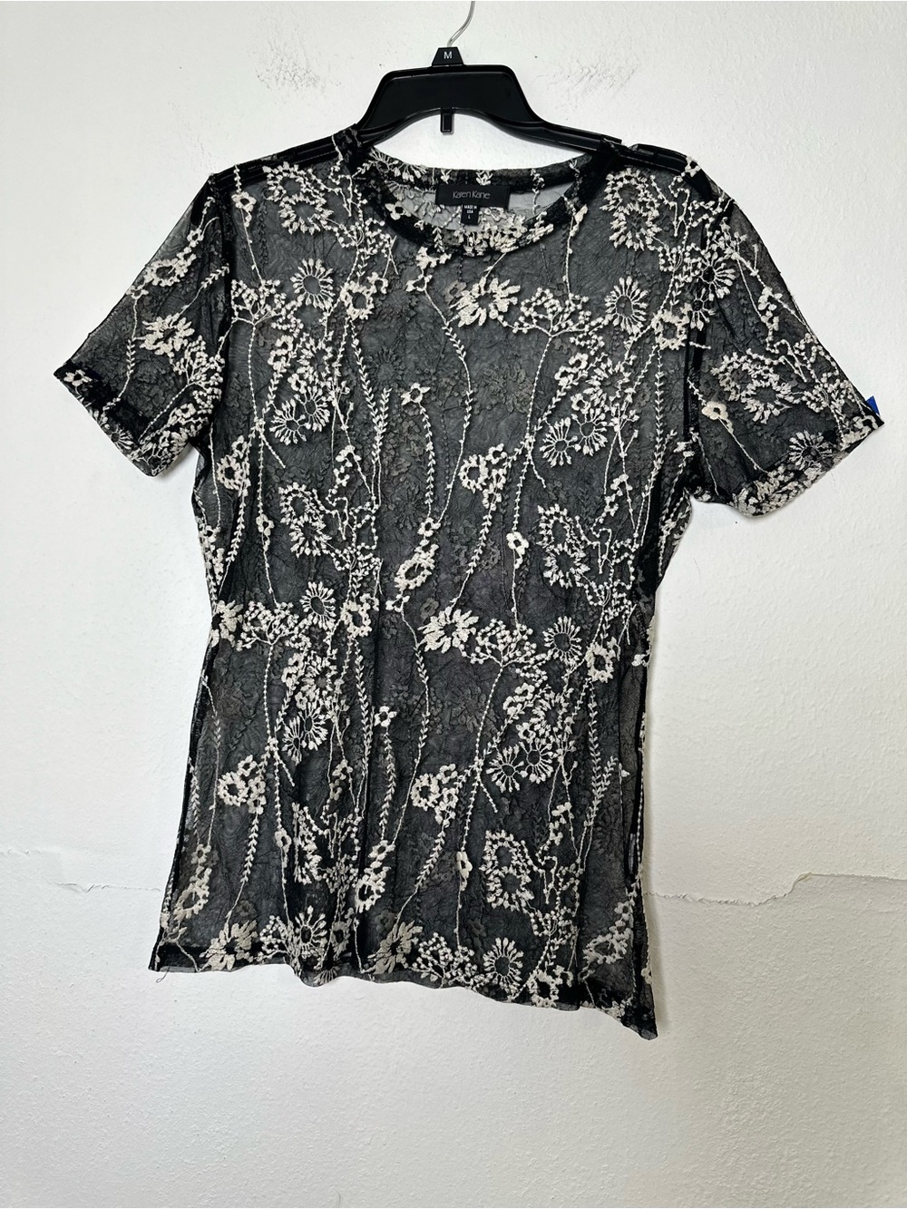 Karen Kane Women’s L Sheer Mesh Black/Cream Embroidered Short Sleeve Top Boho - Picture 2 of 11